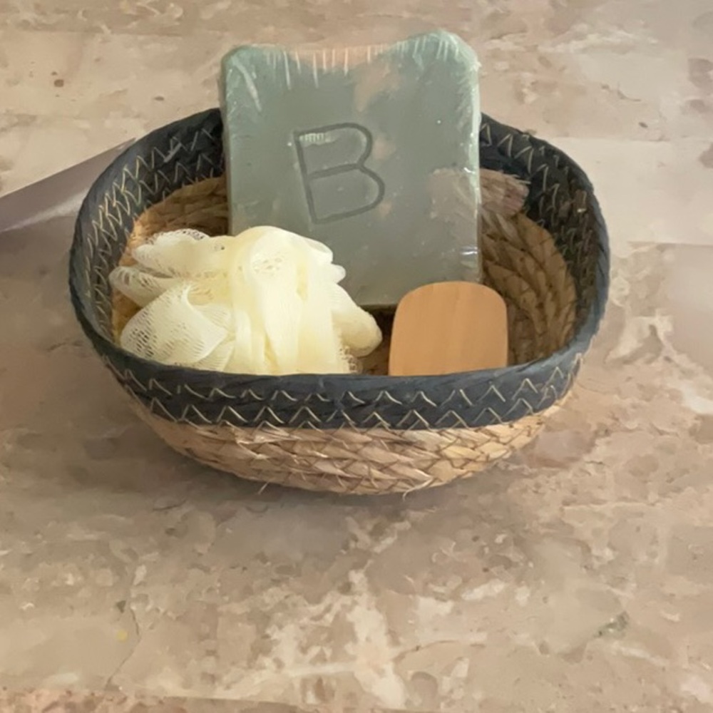 Mini Spa Set. Artisan Soap, Brush, Pouf in Basket